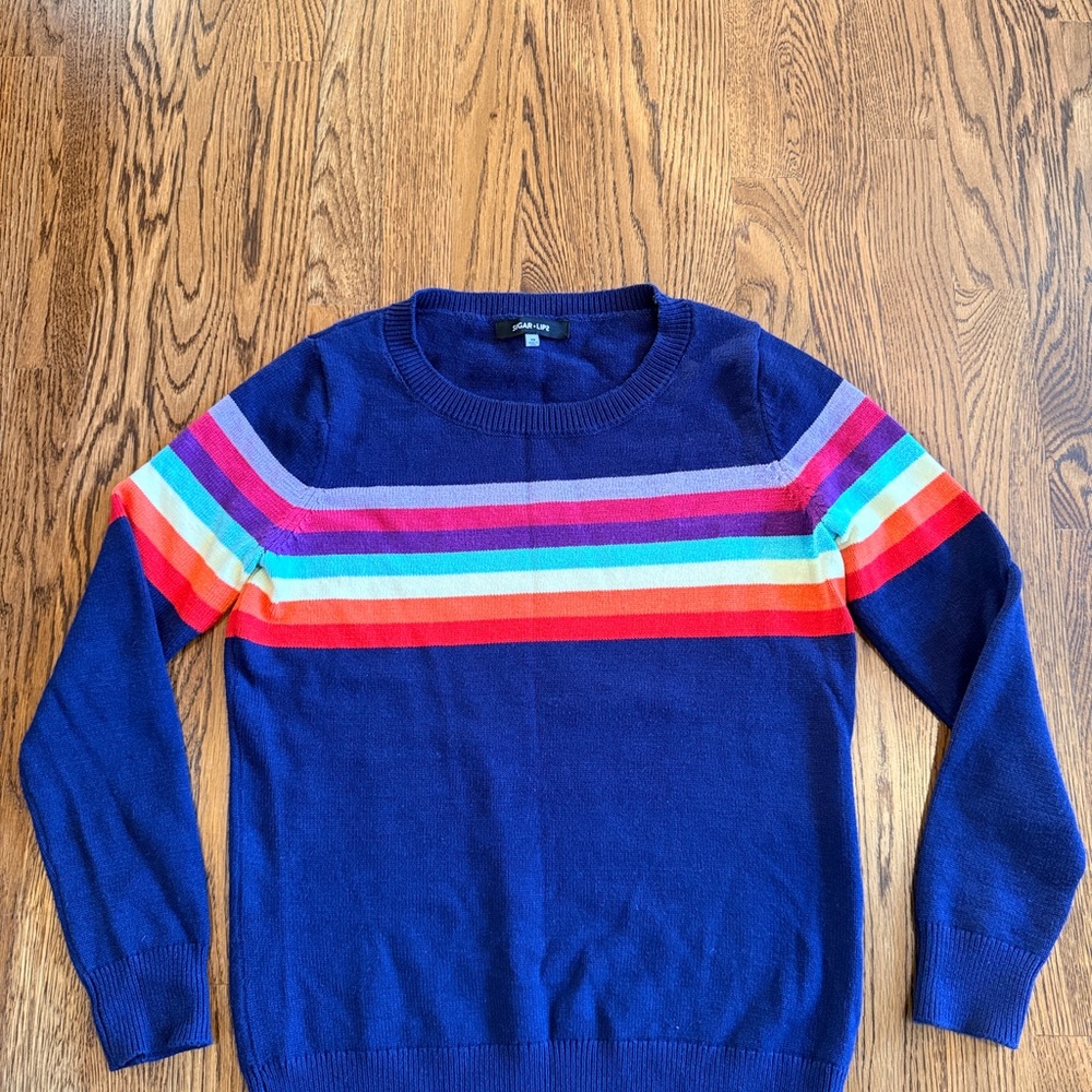 Sugarlips  purple w/ Multicolor rainbow Striped Crewneck Sweater XS
